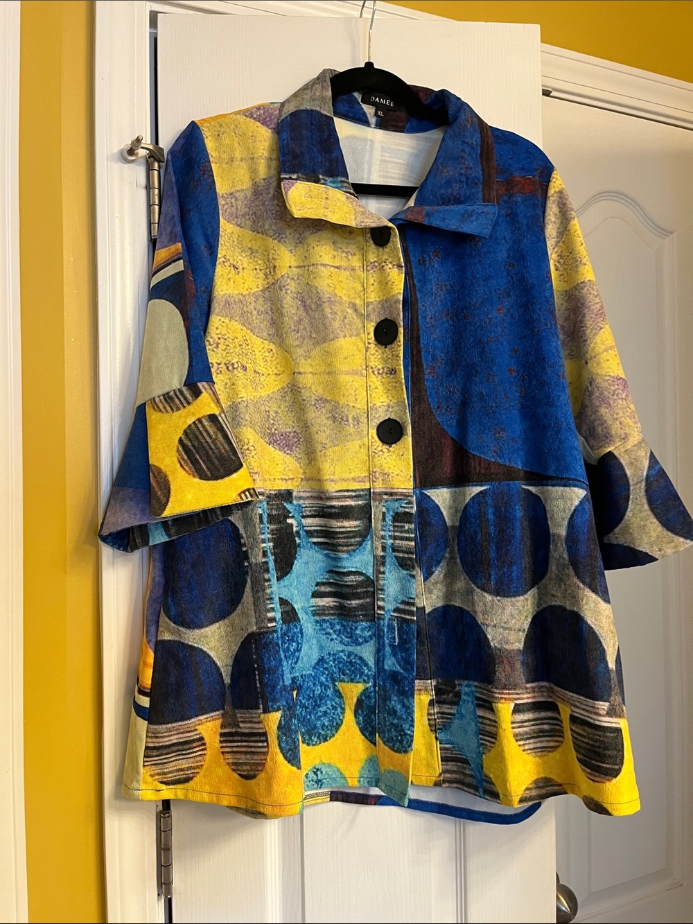Damee Blue & Yellow Patterned Women's Jacket/Top